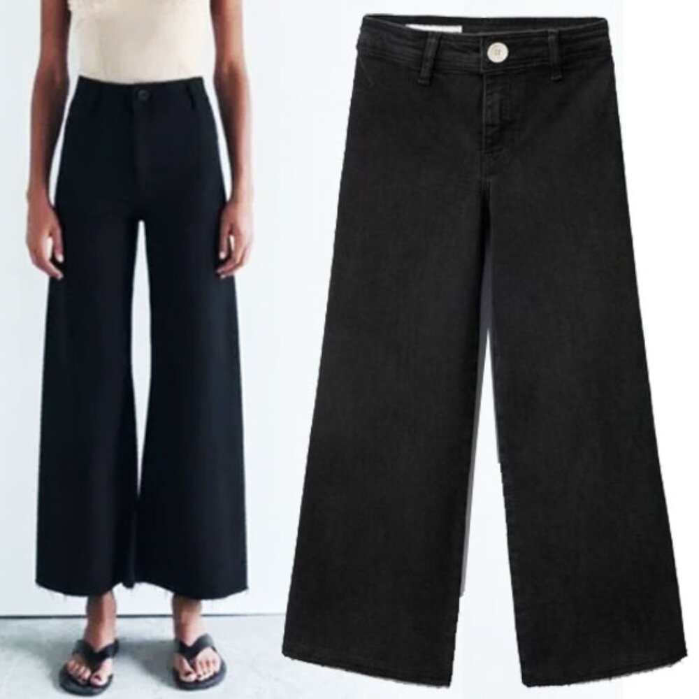 EUC Zara The Marine Straight Jeans 4 26x28 High Rise Wide Leg Raw Hem Black